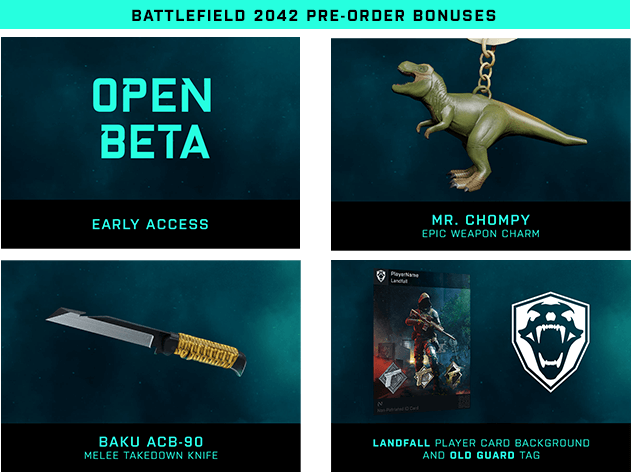 Pre order bonuses, Open beta early access, Mr. Chompy weapon charm, ACB-90 knife, Landfall player card and old guard tag